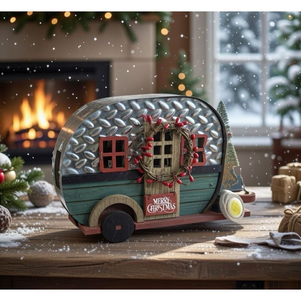 Vintage Metal Rustic Camper w/Merry Christmas Tree Lights Retro Woody Home Decor